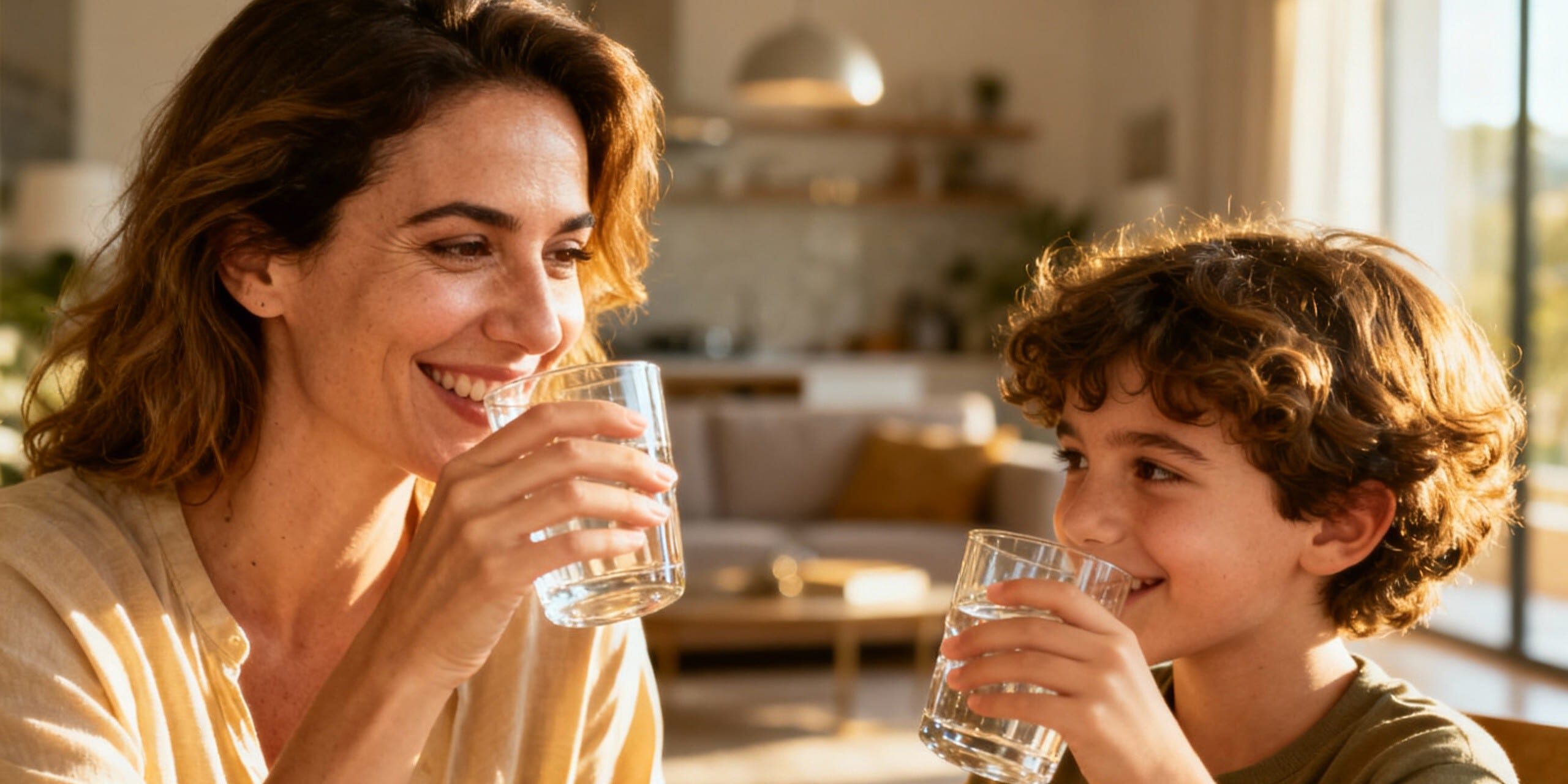 image_Pippit_202511202237 (5) Μητέρα και παιδί πίνουν καθαρό νερό από ψύκτη νερού στο σπίτι - υγιεινή ενυδάτωση