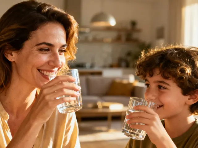 Μητέρα και παιδί πίνουν καθαρό νερό από ψύκτη νερού στο σπίτι - υγιεινή ενυδάτωση