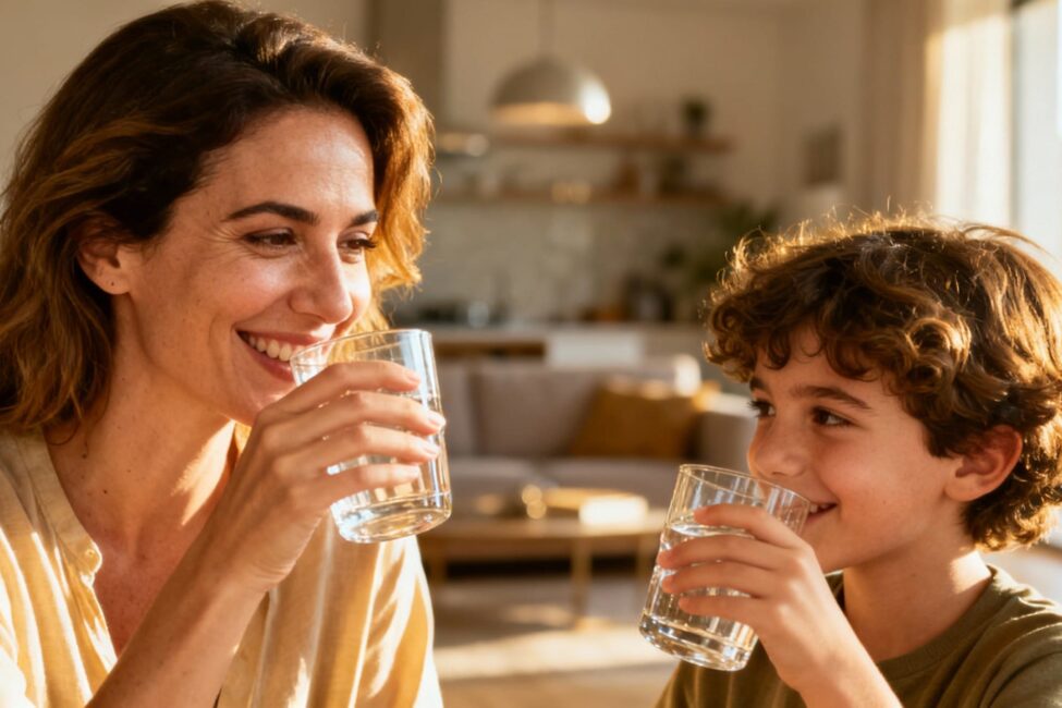 Μητέρα και παιδί πίνουν καθαρό νερό από ψύκτη νερού στο σπίτι - υγιεινή ενυδάτωση