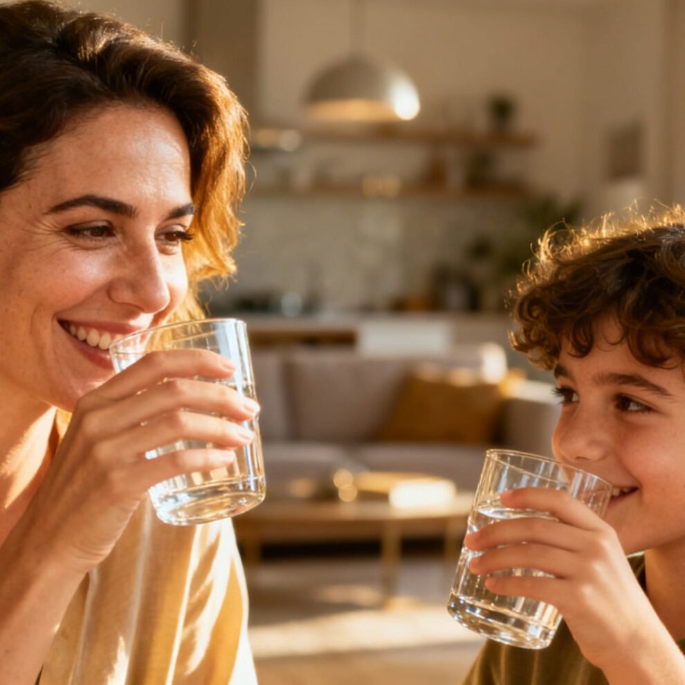 Μητέρα και παιδί πίνουν καθαρό νερό από ψύκτη νερού στο σπίτι - υγιεινή ενυδάτωση