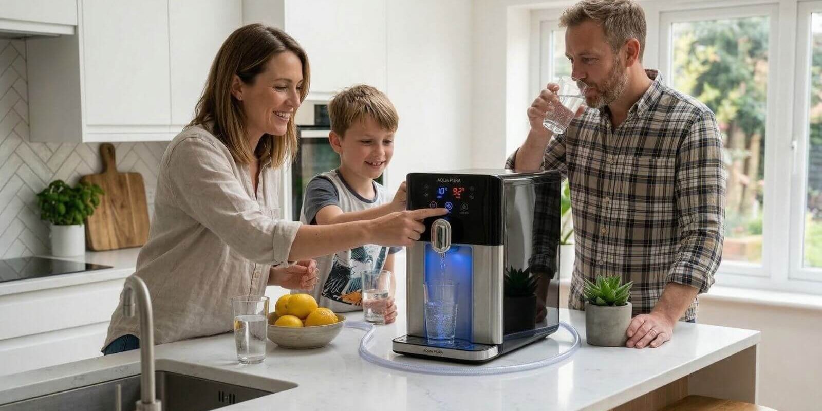 oikogenia-pini-nero Οικογένεια πίνει νερό από ψύκτη νερού δικτύου πάγκου με φίλτρο.