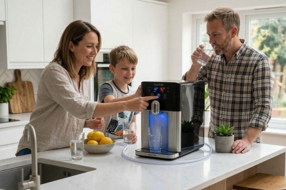 oikogenia-pini-nero Οικογένεια πίνει νερό από ψύκτη νερού δικτύου πάγκου με φίλτρο.