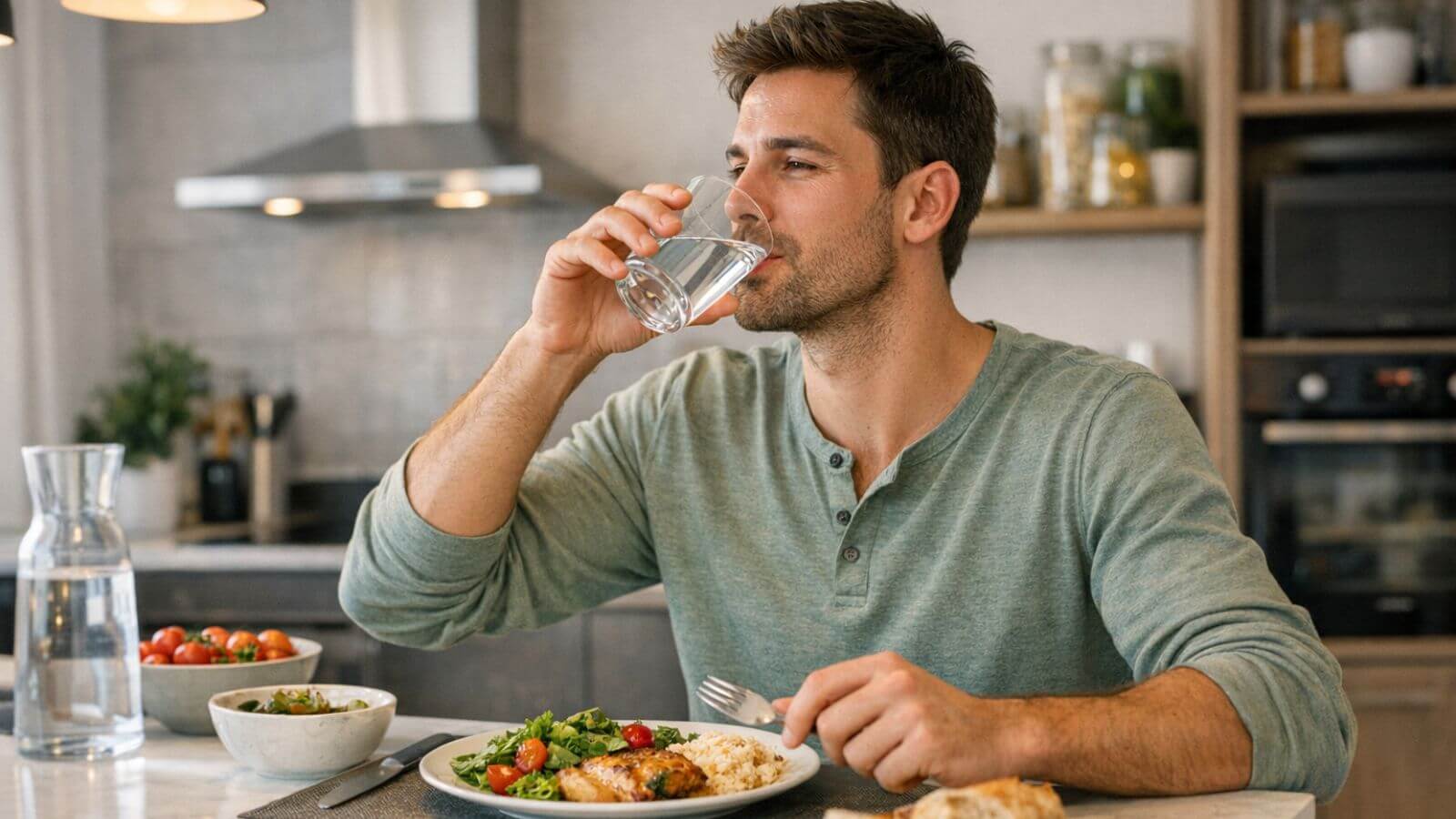 άνδρας πίνει νερό την ώρα του φαγητού
