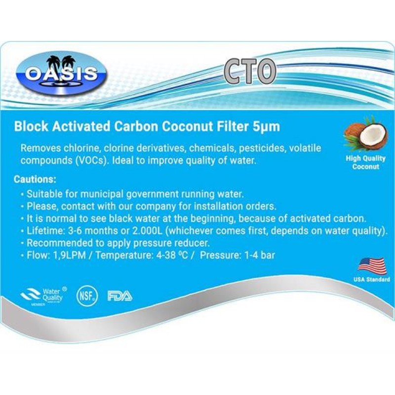 Φίλτρο Νερού Ενεργού Άνθρακα Κοκοφοίνικα BLOCK 10" | OASIS CTO 5μm
