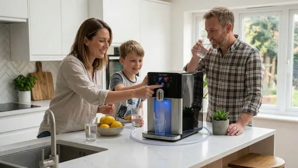 Οικογένεια πίνει νερό από ψύκτη νερού δικτύου με φίλτρο