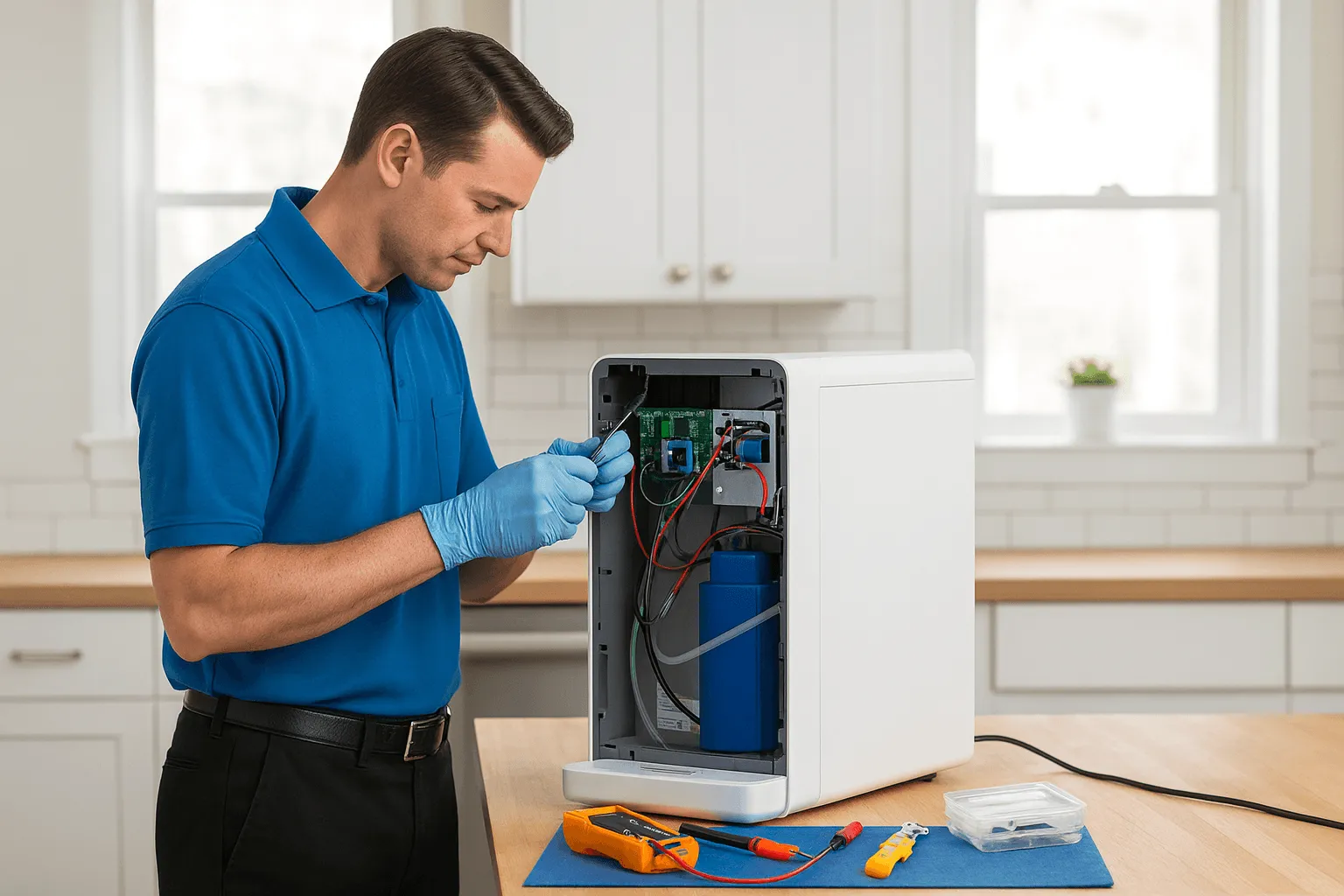 Τεχνικός κάνει service σε επιτραπέζιο ψύκτη νερού πάγκου